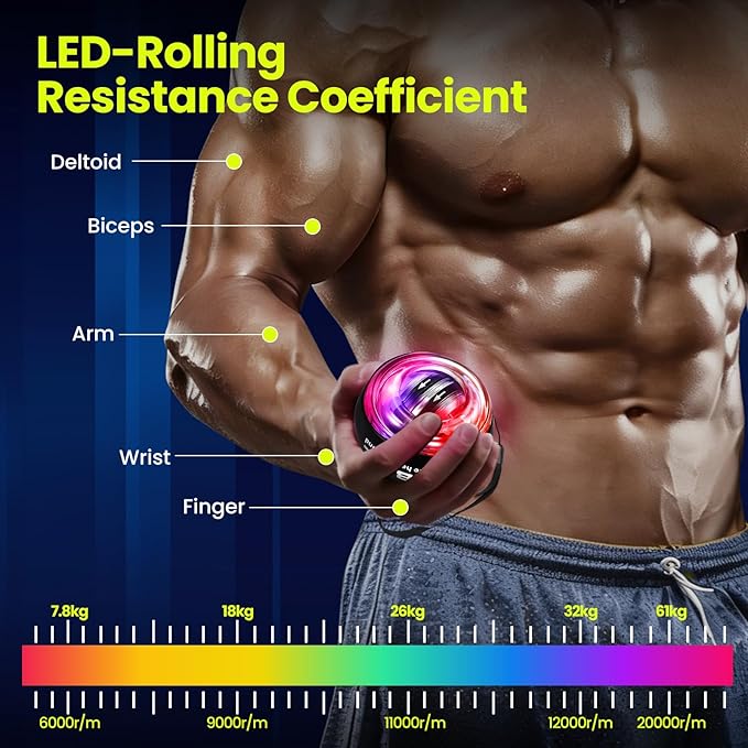 Torque Ball Hand Exerciser, Grip Strength Trainer, Forearm Strengthener, Hand Strengthening Devices,Wrist Power Gyro Ball,Wrist Strengthener, Finger Exerciser with Auto-Start LED Lights and Digital Display