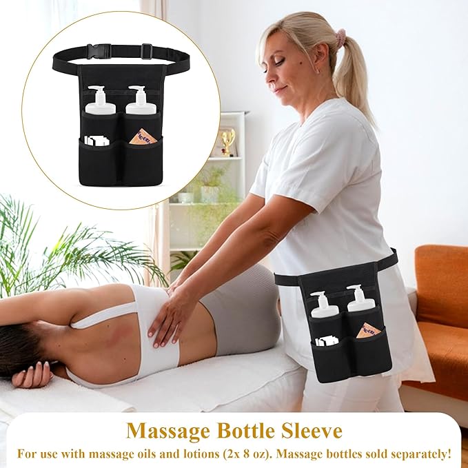 Massage Bottle Bag with Multiple Pockets, Black Professional Therapist Waist Bag for 2 Oil Lotion Bottles, Adjustable Belt with Multiple Pockets Organizer