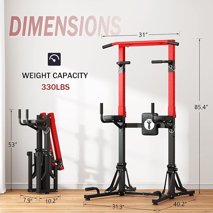 SogesHome Foldable Power Tower Pull Up Bar and Dip Stand, Height Adjustable Free Standing Strength Trainer Dip Station, Multifunctional Fitness Exercise Workout Pullup Station for Home Gym Equipment, Black Red