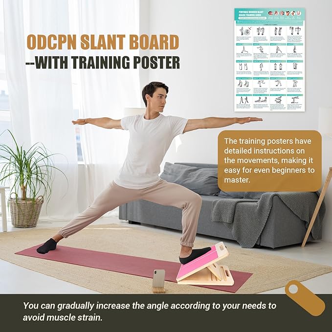 Wooden Slant Board for Calf Stretching, Portable Adjustable Calf Stretch Board with Training Poster & Resistance Bands, 300lb Weight Capacity Calf Ankle Achilles Physical Therapy Leg Exercisers