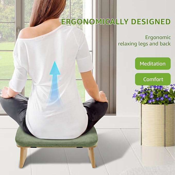 Meditation Bench, Ergonomic Design, Sustainable Bamboo with Folding Kneeling Meditation for The Perfect Posture Meditation Cushion, Meditation Stool, Prayer Bench, Meditation Chair, Yoga Stool (green)