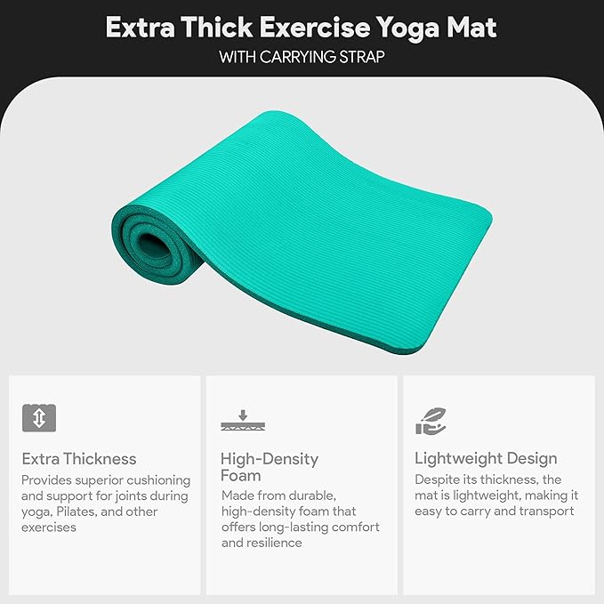 BalanceFrom 71x24 Inches Extra Thick Yoga Mat 1-Inch High-Density Foam – Roll-Up Exercise Pad with Double-Sided Non-Slip Surface and Carrying Strap for Pilates and Home Workouts, Multiple Colors