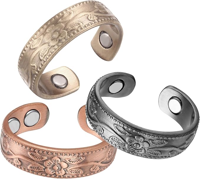 BioMag Magnetic Lymphatic Drainage Ring Set, 3 Pcs 99.99% Pure Copper Rings for Women with 3500 Gauss Magnets, Adjustable Size, Floral Branch and Leaf Pattern