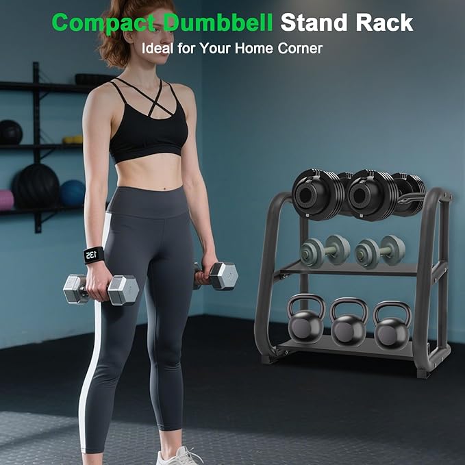 Heavy Duty Dumbbell Stand, 3-Tier Weight Rack, 220LB Capacity, Black Steel Home Gym Organizer, Dumbbell Rack Stand for barbells, and kettlebells, Weight Storage Holder for Home, Office, Gym