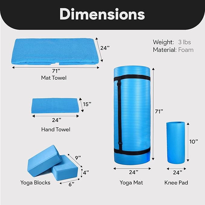 BalanceFrom 7-Piece Yoga Set with 71x24x0.5 Inches Extra Thick Mat and Carrying Sling – Includes 2 Blocks, Stretch Strap, 2 Towels, and Knee Pad for Home, Studio, and Gym Workouts