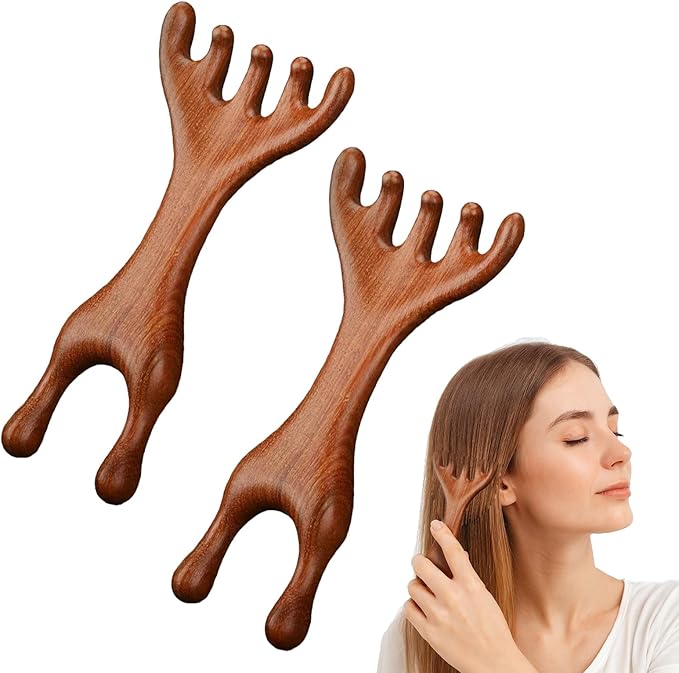 2 Pcs Jaw Massager,Sandalwood Massage Claws,Five Touch Therapy Comb,Wooden Comb,Taichi Tools,Manual Head Scratcher Whisk,Massage Brush for Head Face Eye Nose Jaw and Neck