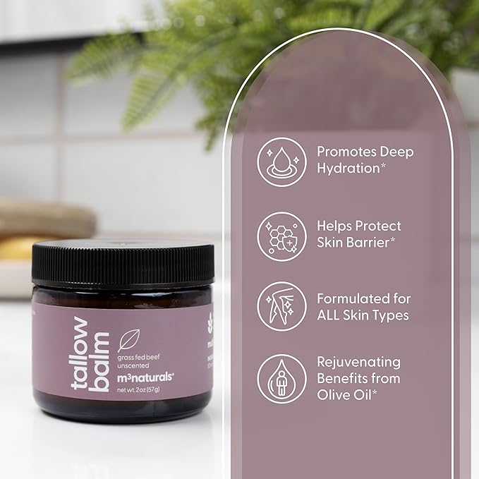 100% Unscented Grass Fed Beef Tallow for Skin, Body and Face | Fragrance Free Moisturizing Honey Balm with Cold-Pressed Olive Oil and Beeswax | Suitable For Dry, Sensitive & Irritated Skin, 2 oz (57g)