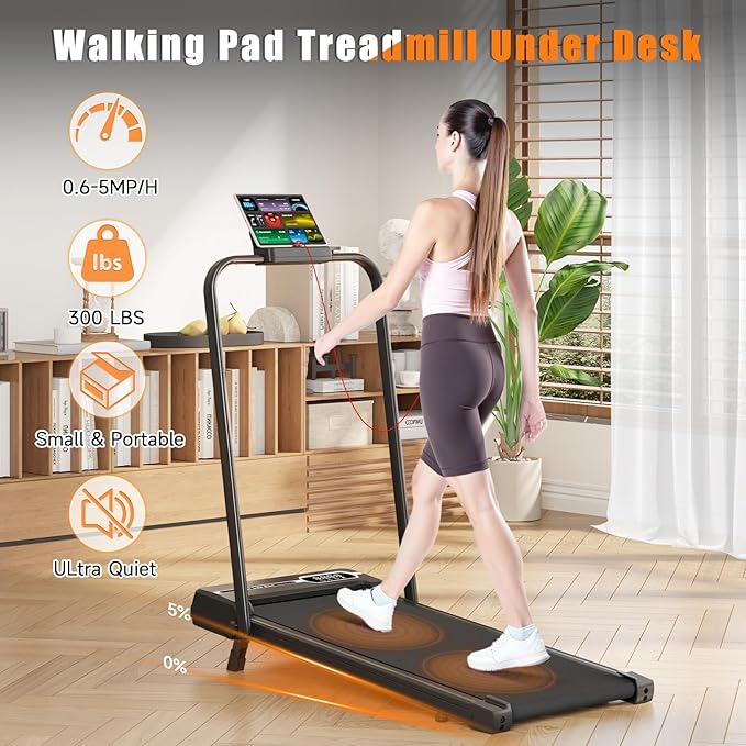 Incline Walking Pad with Handle Bar, Foldable Portable Under Desk Treadmill for Home Office, Ultra Quiet <45dB, Safety Lock, 300+ LB Capacity