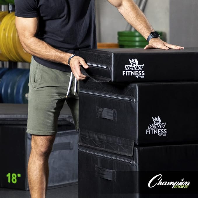 Champion Sports Foam Plyometric Box, Black - Durable Jump Boxes for Training with Handles, Hook and Loop Flaps - Stackable Plyo Box Jumps for Gym - Multiple Sizes