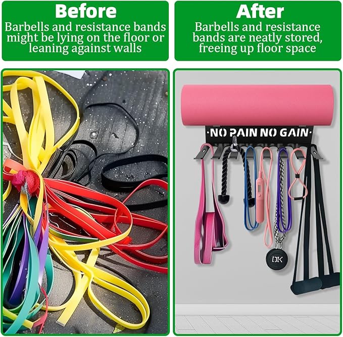 Home Gym Accessories Organization Storage Rack Equipment For Home 8 Hook Wall Hanger Display Gear Barbells Resistance Bands Jump Ropes Lifting Belt Hanger Accessories Hardware Included