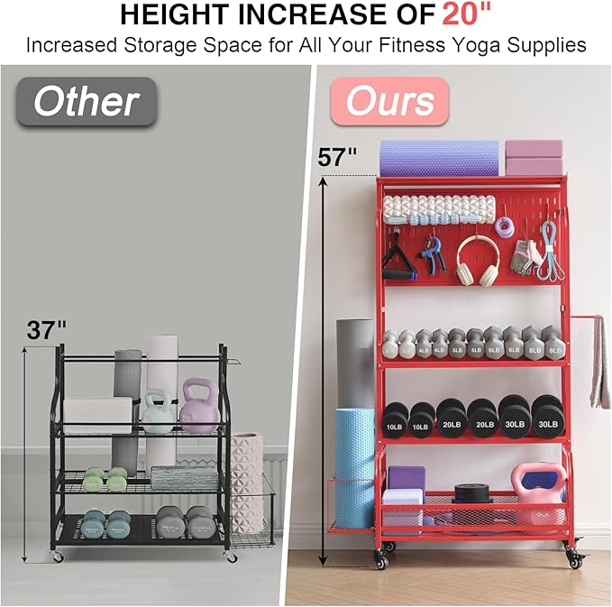 56'' Taller Home Gym Storage Organizer, Yoga Mat Storage Rack with Hanging Board, Exercise Workout Equipment Storage Stand for Home Gym, Dumbbell Holder Kettlebell Rack with Wheels and Hooks