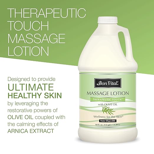 Bon Vital' Therapeutic Touch Massage Lotion, 1-Gallon, Olive Oil-Infused Moisturizing Lotion for Massage Therapy, Non-Greasy Skin Therapy for Clinics & Spas, Professional Grade, Unscented