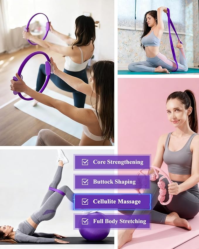 Home Workout Pilates Kit for Women, Better me Pilates Ring and Ball Set Essentials Equipment, with 5 Resistance Bands, Massager Roller, Yoga Starter Accessories for Toning Arms, Thighs & Core