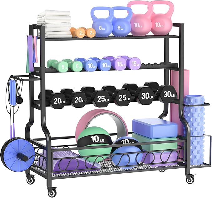 PARTPHONER Adjustable Dumbbell Rack, Weight Rack for Home Gym Storage, Home Gym Storage for Stores Dumbbells, Kettlebells and Yoga Mats, All in One Workout Storage Racks with Wheels and Hooks, Durable Powder Coated Steel