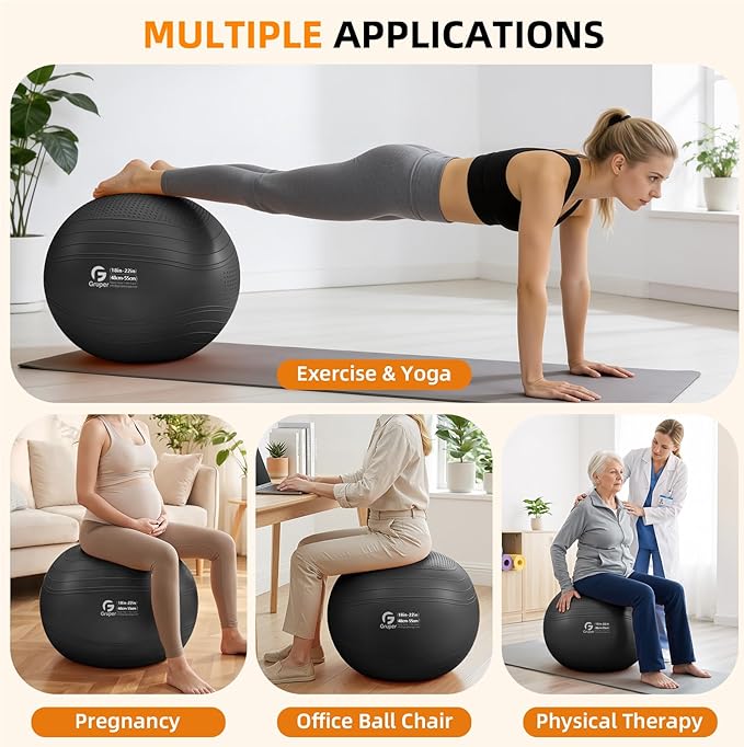 Gruper Yoga Ball, Extra Thick Non Slip Exercise Ball for Workout, Birthing, Balance, Stability, Pregnancy, 4 Sizes Anti Burst Chair for Home and Office, Includes Quick Pump & Fitness Guide