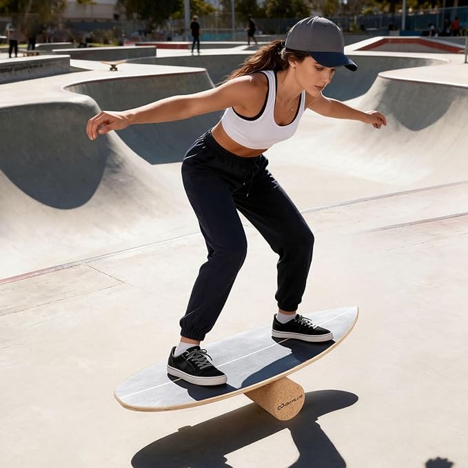Goplus Balance Board Trainer for Adults, Wooden Balancing Board with Cork Roller and Storage Rack to Exercise and Build Core Strength, Wobble Board for Skateboard, Snowboard