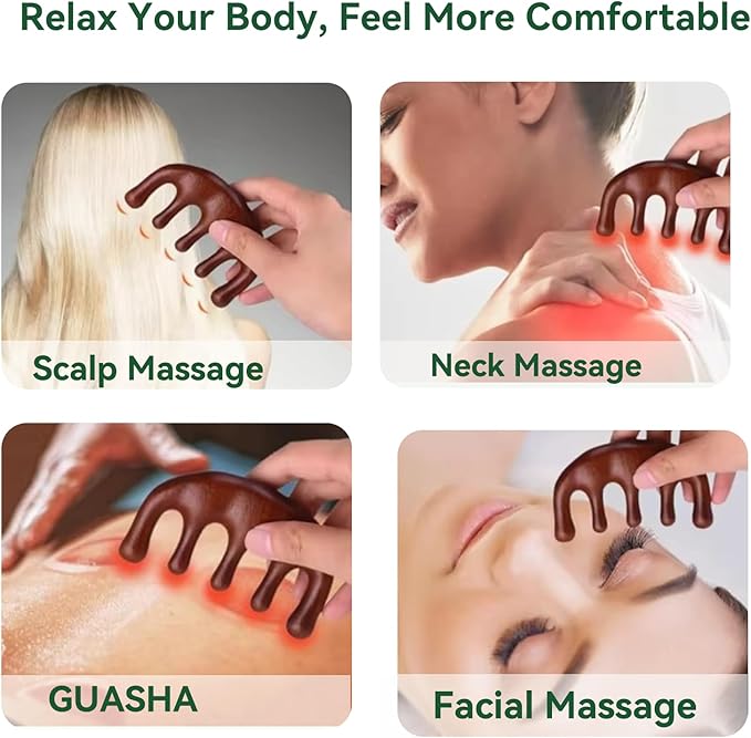 Natural Green Sandalwood Gua Sha Comb – Wooden Face, Scalp & Body Massage Tool, Multi-Point Manual Trigger & Pressure Point Massager, Travel-Size Relaxation & Self-Care Gift for Women & Men