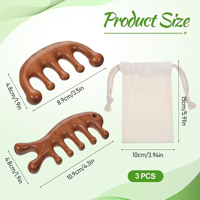 2 PCS Massager Comb, Sandalwood Wooden Scalp Comb Portable Gua Sha Combs Wide Tooth Scalps Massager Combs with 1 PCS Storage Bag for Men Women Head Neck Face Care Relaxation