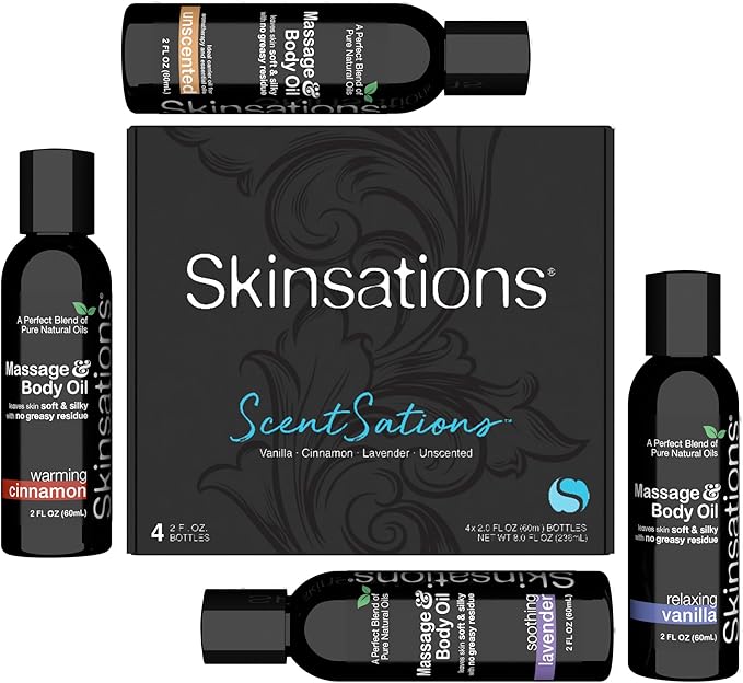 Skinsations – Massage Oil Gift Set – Variety Set for Couples, Travel Size (4 × 2oz) – Lightweight, Non-Greasy, Hydrating Body Oils for Relaxation & Gifting – Vanilla, Cinnamon, Lavender & Unscented