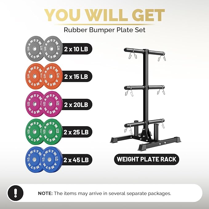 Weight Plate Tree Rack & Weight Set, Strength Training Plate Storage Stand and Barbell Holders for Home Gym, 1100 lb Weight Capacity, Fits Both 1" and 2" Bumper Plates