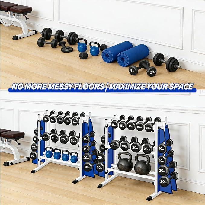Heavy Duty Dumbbell Rack, Double-Side Extension Holder for Dumbbells & Kettlebells Home Gym Storage Rack