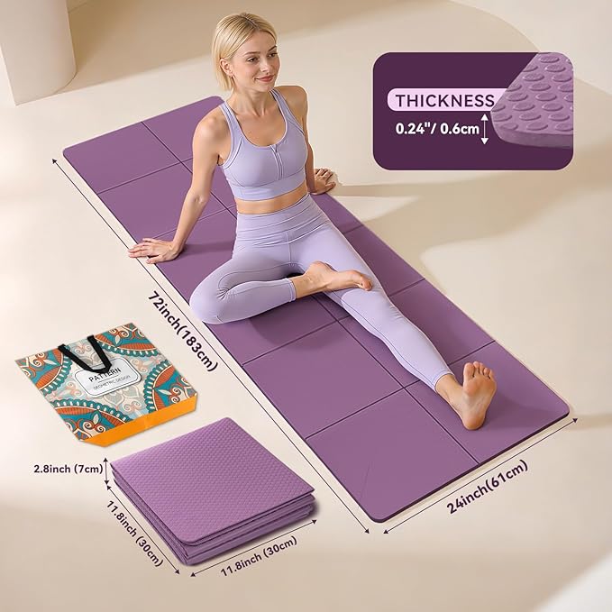 Foldable Travel Yoga Mat 72"x24"x0.24", Lightweight Non Slip Exercise Mat, Portable Folding Workout Mat for Yoga, Pilates, Stretching, Home Gym, Outdoor Fitness & Travel