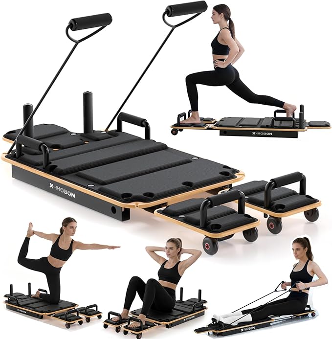 Pilates Board Reformer for Home Workout, Reformer Board, Glide Board, Sliding Rails, Maple Wood Deck & High-Strength Steel Rails, Adjustable Resistance Bands, PU Wheels, Quick Assembly