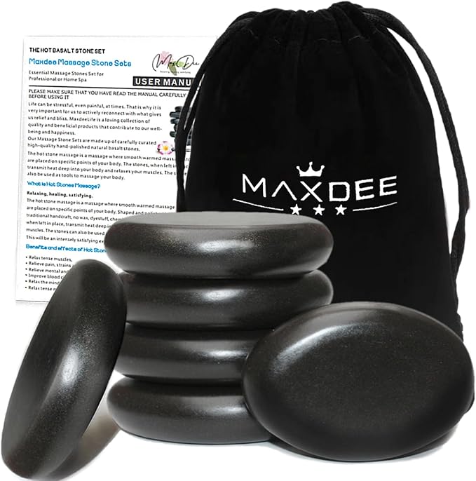 Maxdee Massage Stones Essential Hot Stones for Massage, 6 Large Hot Stones Massage Kit Hot Rocks Massage Stones for Professional or Home Spa, Foot Heater, Relaxing, Healing, Pain Relief, 2.4"*3.14"