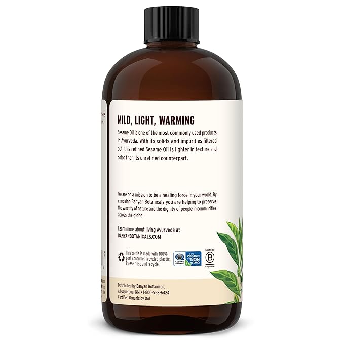 Banyan Botanicals Refined Sesame Oil – Organic Sesame Oil for Skin, Body, Hair & More – Multiple Sizes – 24 oz – Non GMO Sustainably Sourced Vegan
