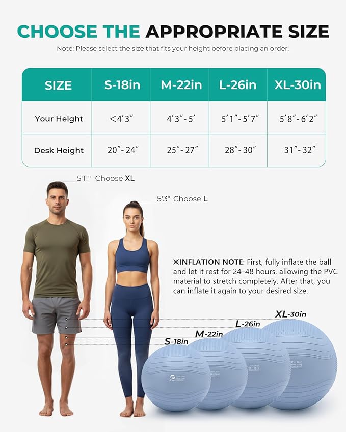Gruper Yoga Ball, Extra Thick Exercise Ball for Workout Pregnancy Stability - 4 Sizes Anti Burst Balance Ball for Yoga, Pilates, Fitness, Birthing, Physical Therapy - Includes Pump