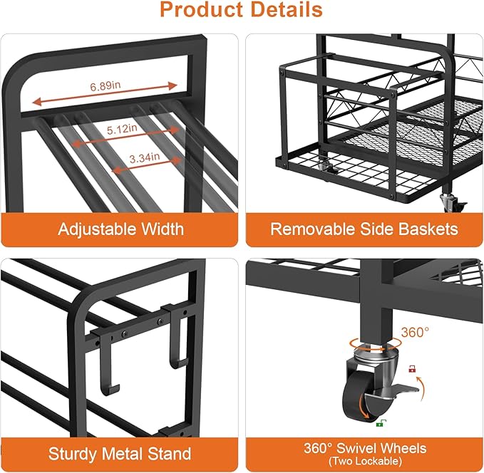 Dumbbell Rack, Adjustable Weight Rack for Home Gym Storage with 4 Wheels, Side Basket, Hooks, Multipurpose Metal Dumbbell Stand for Kettlebells, Yoga Gear, Strength Training Equipment, Black