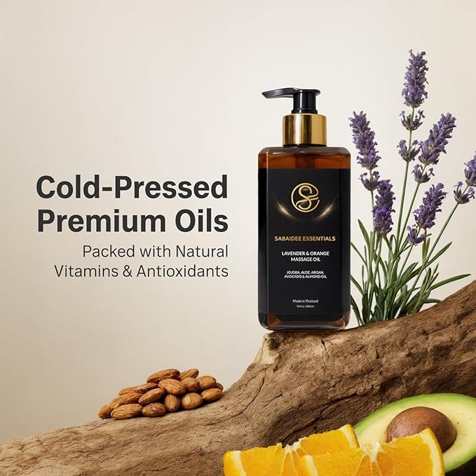Aromatherapy Massage Oil - Lavender Oil & Orange 10 Fl Oz - Thai Body Oil for Massage Therapy with Jojoba, Avocado, Argan, Aloe, Almond - Relaxing Body Care & Self-Care