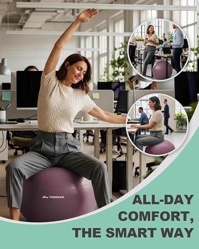 Trideer Exercise Ball for Office Desk, Yoga Ball Chair to Relieve Back Pain, Stability & Fitness Ball Seat with Base, Home Gym Core Workout, Abs, Stretching & Therapy