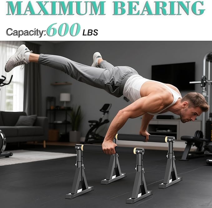 10-14'' Wooden Parallel Bar and Dip Bar with Adjustable Height and Non-Slip Handles, Rock-Free Fitness Equipment for Handstands, L-Sits, Gymnastics and Strength Training for Home Gym, 600lbs Capacity