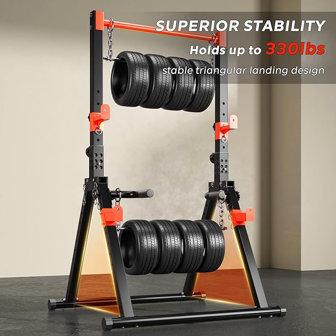DlandHome Foldable Power Tower Pull Up Bar Dip Station, Adjustable Height Multifunction Workout Pull Up Tower Station for Home Gym, Strength Training Equipment, Triangular Legs, Up to 330lbs