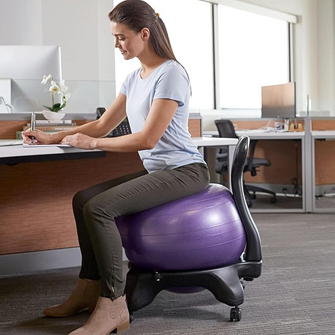 Yoga Ball Office Chair, Home Fitness Yoga Ball Chair, Ergonomic Pilates Balls Desk Chairs with Back and Wheels, Portable Exercise Balls Chairs wiht Anti-Slip Stripes, for Gym, Home(Purple)