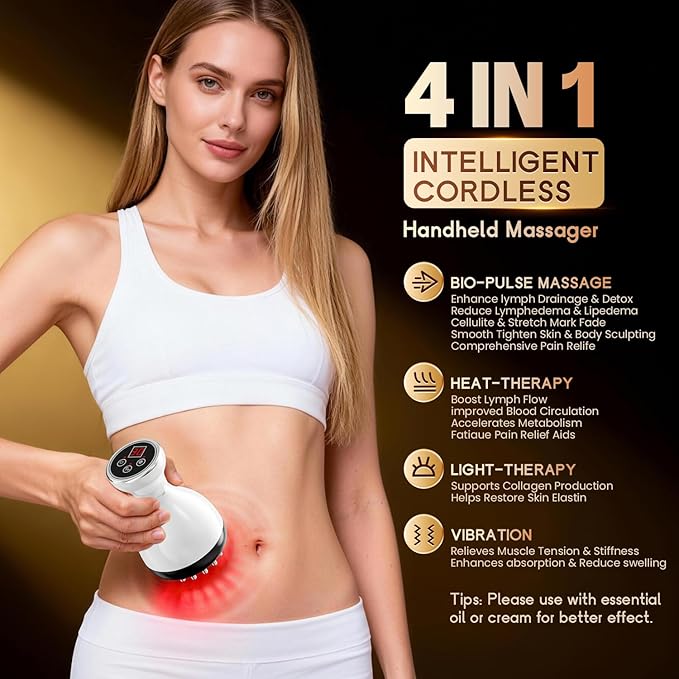 Lymphatic Drainage Massager & Anti Cellulite Massage Tool, Helps Reduce Stretch Marks & Cellulite, for Legs, Arms & Belly, Body Sculpting Machine with Microcurrent & Red-Light & Heat & Vibration