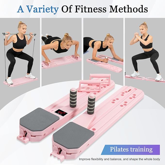 Pilates Reformer Board, 12-in-1 Portable Pilates Board for Home Workout, Core & Abs Toning, Full Body Sculpting Equipment, Pink / White