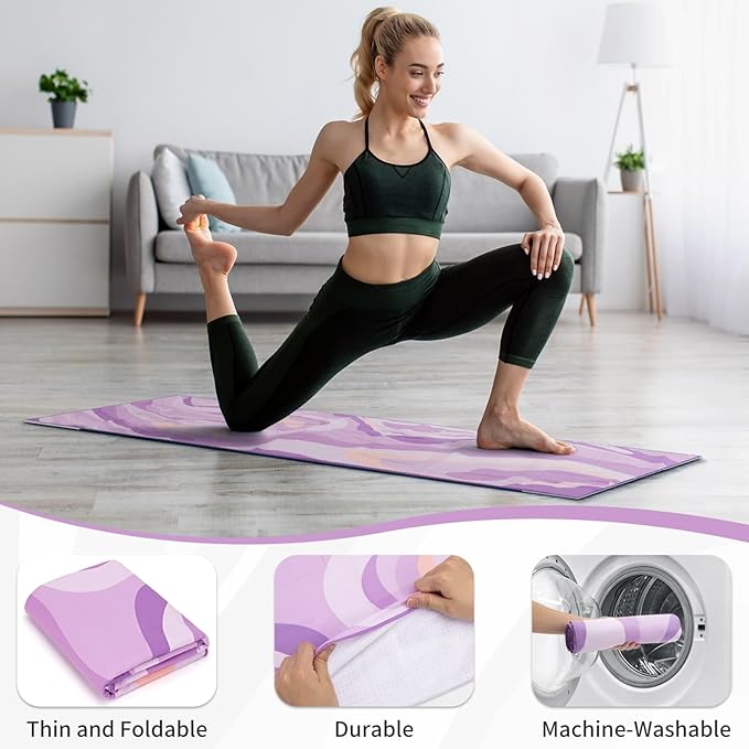 Yoga Mat Towel Cover with Large Corner Pockets, Non Slip Grip Microfiber Mat Cover Mat for Hot Yoga, Pilates and Gym Workout, 74" L x 26" W, Purple