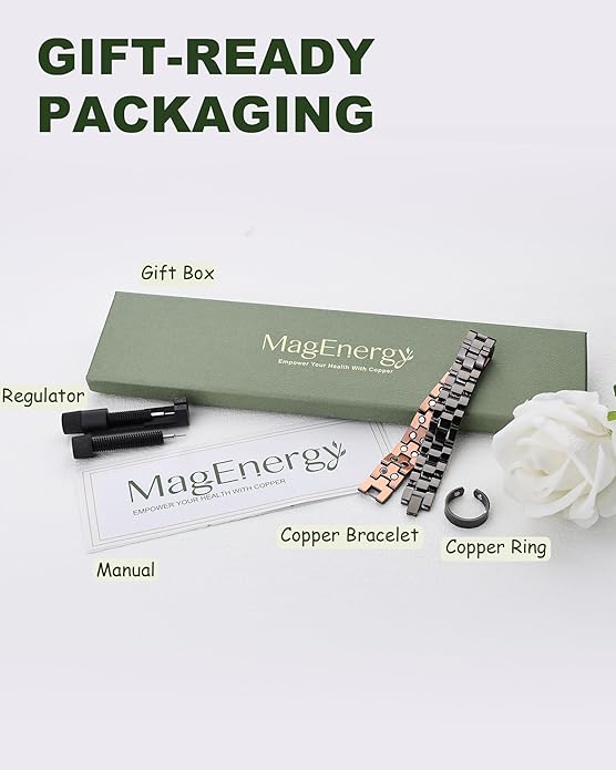 MagEnergy Mens Copper Magnetic Bracelets, 99.9% Pure Copper Bracelet with Double-Row Strength Magnets, Adjustable Jewelry with Sizing Tool