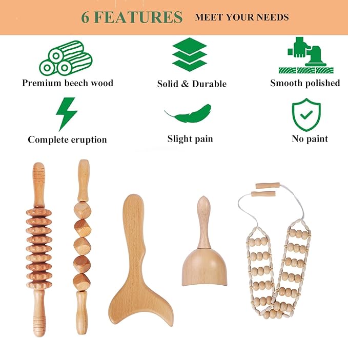 Wood Therapy Massage Tools Professional Maderoterapia Kit Body Sculpting Tools for Lymphatic Drainage and Anti-Cellulite.Wood Massager Roller Rpoe for Back and Muscle Pain Relief (5pcs)