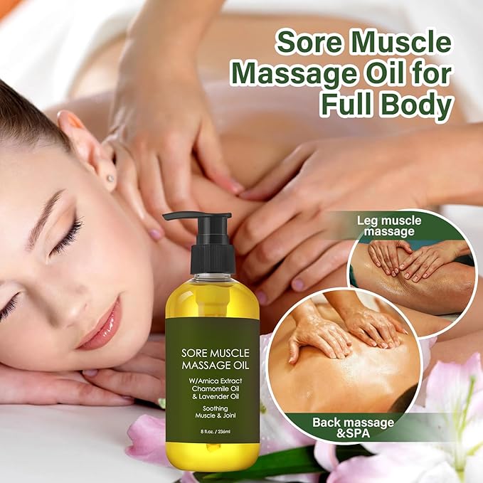 Sore Muscle Massage Oil for Women,Massage Therapy Oil for Soreness & Stiffness,Natural Oils with Lavender & Chamomile Essential Oils for All Skin Types（8oz）