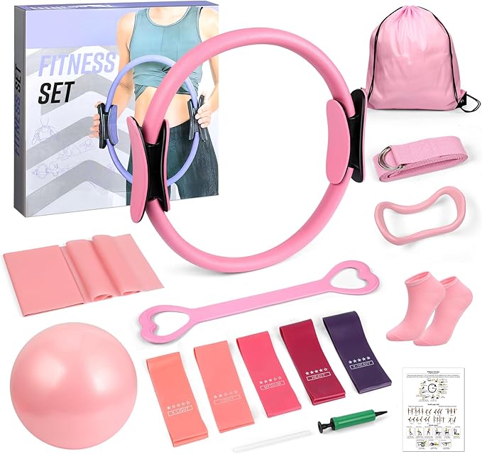at Home Pilates Kit, 14PCS Workout Pilates Equipment for Women, Pilates Set with Pilates Ring and Ball Set, Resistance Bands, Pilates Essentials Kit for Women, Beginners at Gym, Outdoor