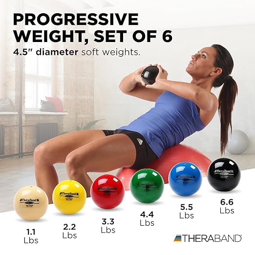 THERABAND Soft Weight, 4.5" Diameter, Weighted Balls for Baseball, Weighted Balls for Softball, Hand Held Ball Shaped Isotonic, Shoulder Strength, Rotator Cuff & Throwing Trainer, Assorted Set of 6