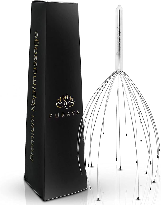 PURAVA (Original - Premium Head Massager with Metal Handle and Improved Design - Scalp Scratcher Massage with 20 Fingers for Relaxation and Scalp Stimulation - Head Massager Tool Ideal as a Gift