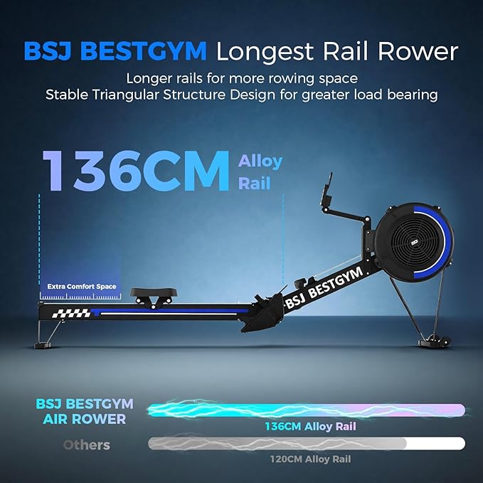 Rowing Machines for Home, Adjustable Air Resistance Rower Machine with Extra Long Rail, Ergonomic Comfort Seat, Device Holder, Easy Storage