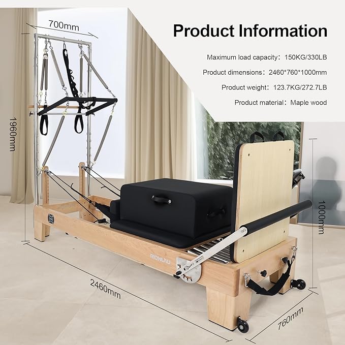 Pilates Reformer, Pilates Reformer Machine, Pilates Equipment for Home and Studio, Black Ultrafine Leather, Adjustable Resistance System