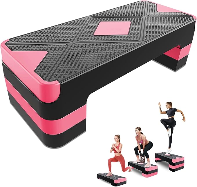 27" Aerobic Exercise Step Adjustable Aerobic Stepper for Exercise Workout Step Platform for Step Up, Step Deck with 4” 6” 8” Adjustable Height Risers