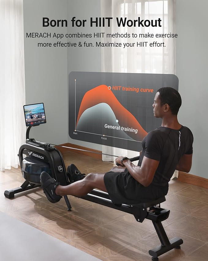 MERACH Water Magnetic Rowing Machine, Bluetooth Rower Machine with App Compatible and Dual Slide Rail, 350LB Max Weight, 16 Levels of Auto Resistance Feature, Rowing Machines for Home Use, R06