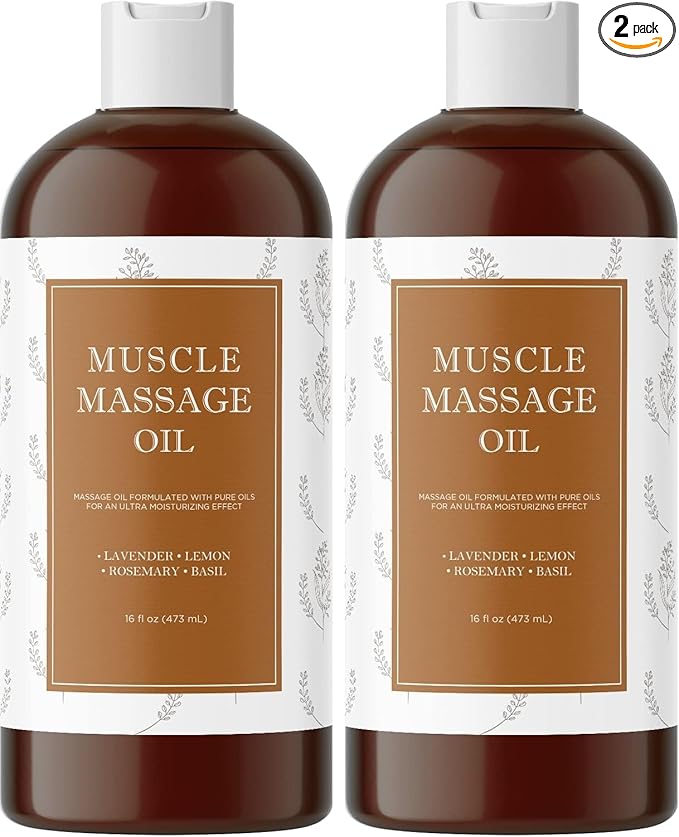 Sore Muscle Massage Oil for Body - Relaxing Therapy with Lavender and Rosemary Oils for Muscle Relief - Gentle Warming for Pro or Home Use (16oz) (Pack of 2)